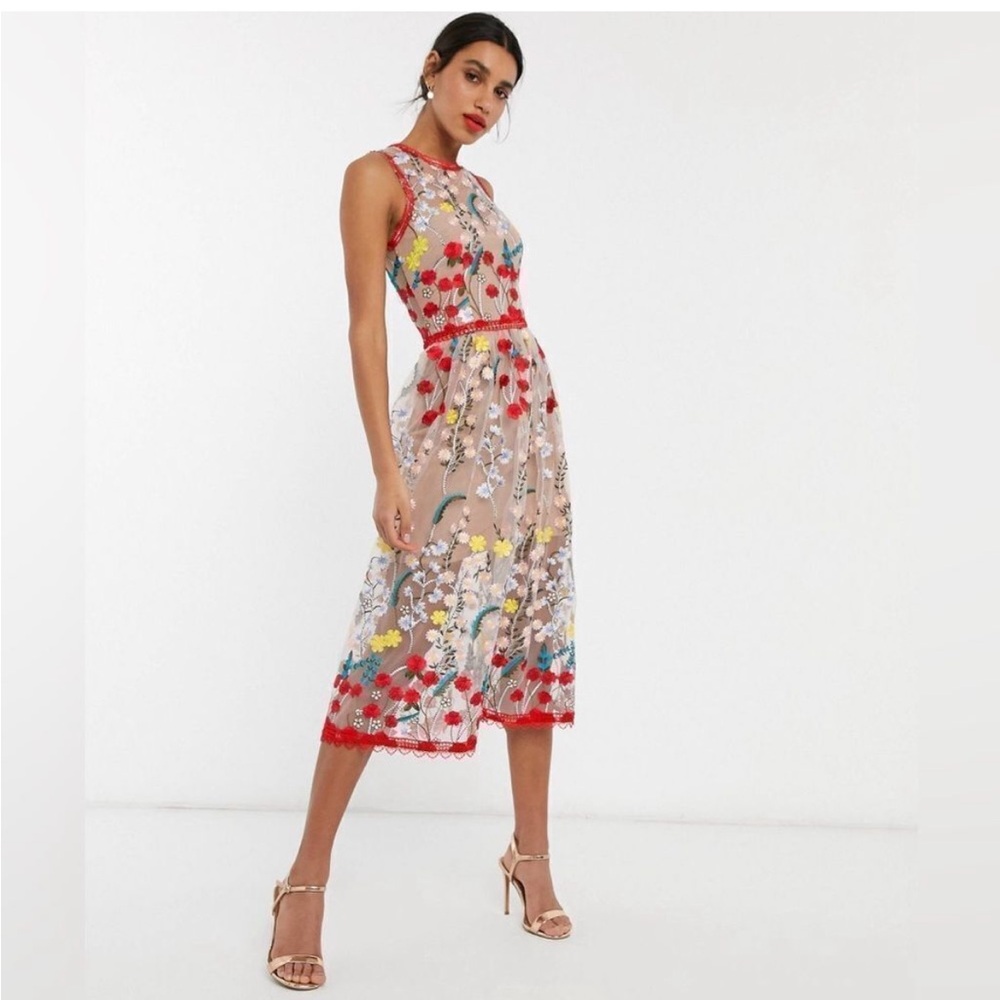 Bronx and Banco Nude Midi Dress with Red, Yellow, Blue & Green Floral Embroidery